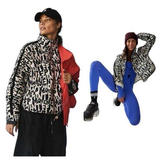 Free People Oversized Puffer Jacket Movement Zips XS-X Black White Spell Out New - Picture 2 of 16